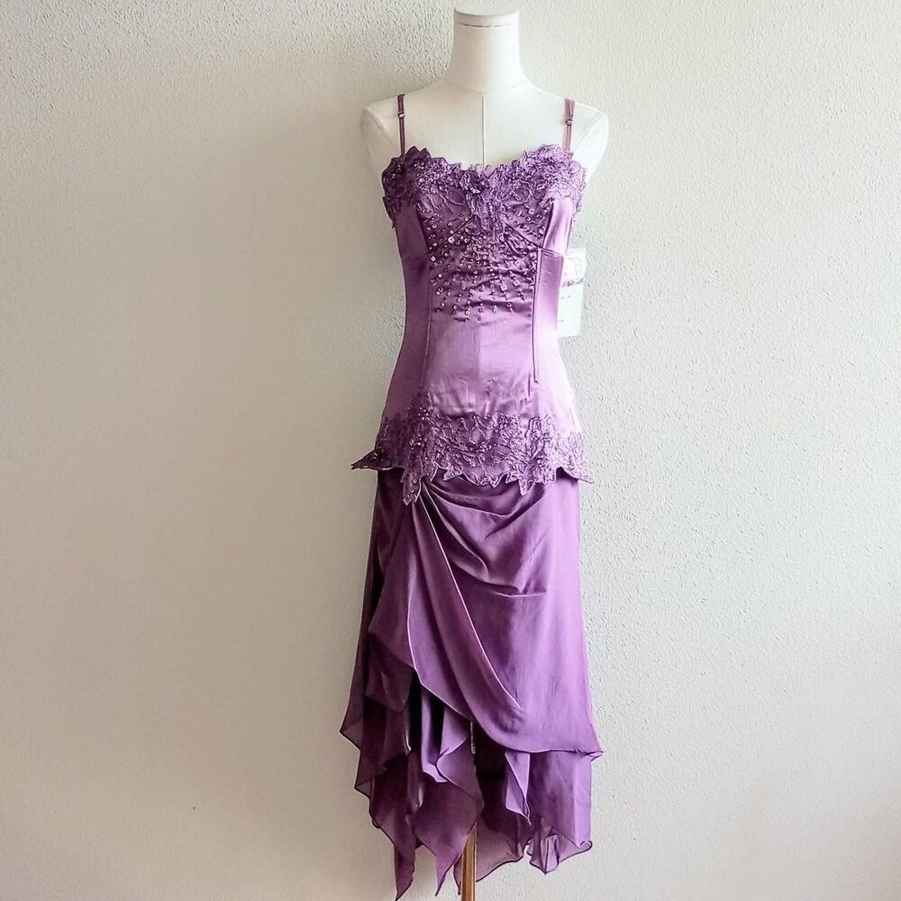 Y2K Purple Beaded Floral Sequin Fairy Prom Dress